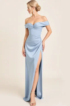 Azul Empoeirado Fora Fo Ombro Longo Vestidos Cerimónia com Fenda