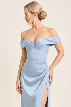Azul Empoeirado Fora Fo Ombro Longo Vestidos Cerimónia com Fenda
