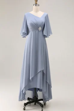 Azul empoeirado Uma linha de pescoço assimétrico mãe do vestido de noiva com mangas