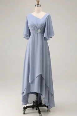 Azul empoeirado Uma linha de pescoço assimétrico mãe do vestido de noiva com mangas