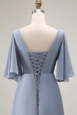 Azul empoeirado Uma linha de pescoço assimétrico mãe do vestido de noiva com mangas
