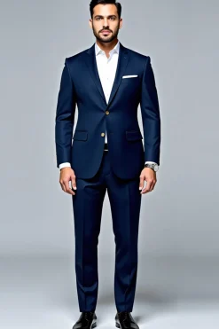 Azul Escuro 2 Peças Mangas Compridas Lapel Slim-Fit Fato Homem