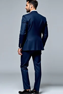Azul Escuro 2 Peças Mangas Compridas Lapel Slim-Fit Fato Homem