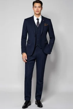 Azul Escuro 3 Peças Notched Lapela Listrado Fato Homem