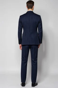 Azul Escuro 3 Peças Notched Lapela Listrado Fato Homem