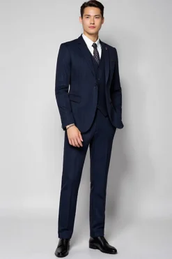 Azul Escuro 3 Peças Notched Lapela Listrado Fato Homem