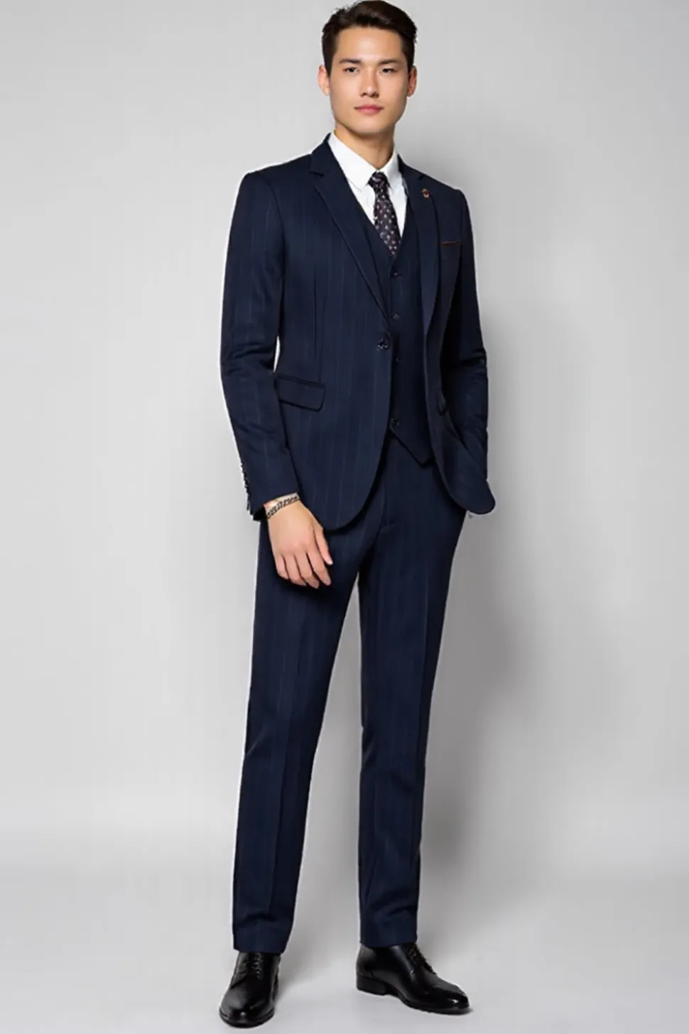 Azul Escuro 3 Peças Notched Lapela Listrado Fato Homem