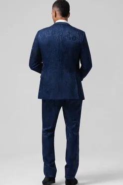 Azul escuro 3 peças pico lapela jacquard um botão homens ternos de baile