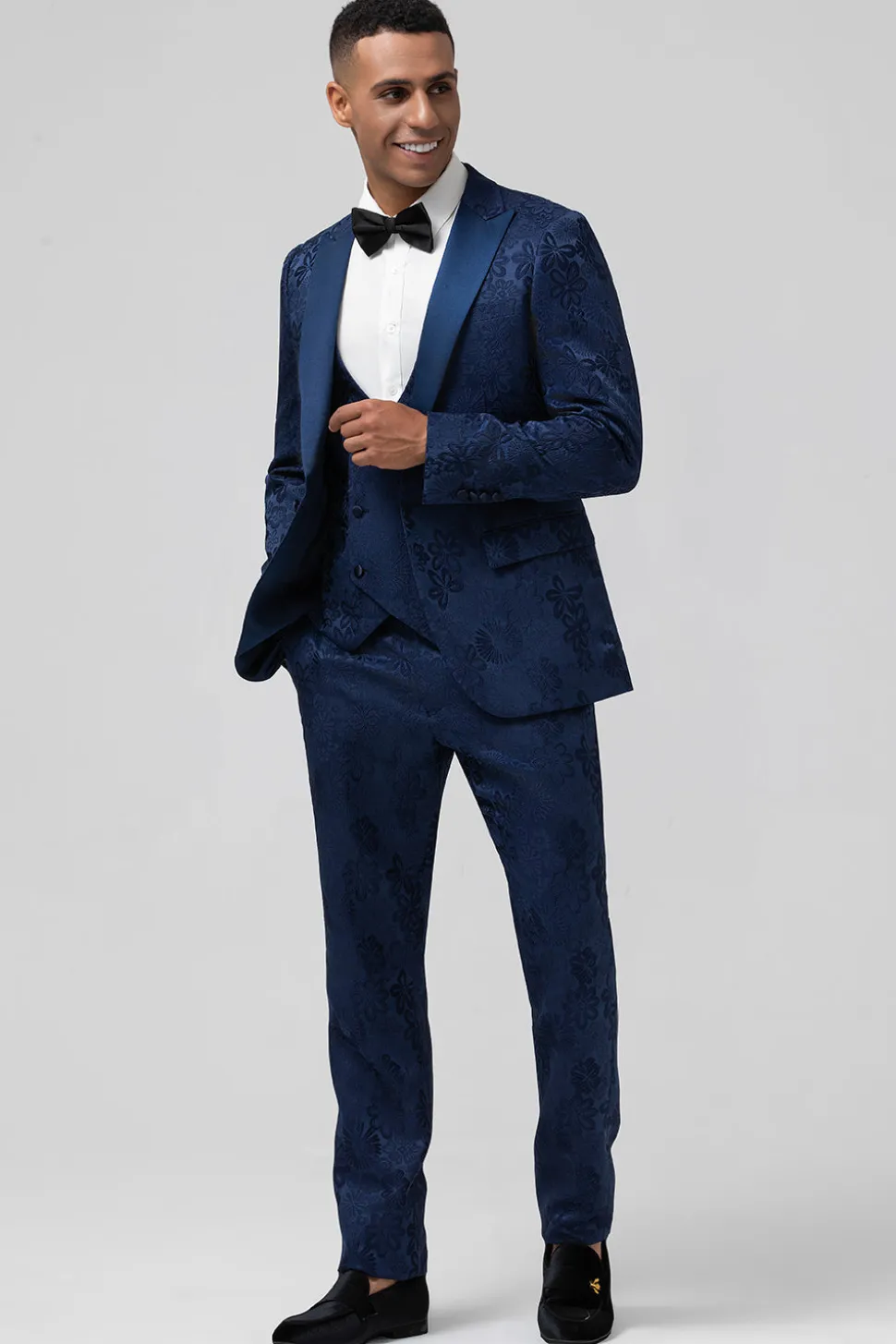 Azul escuro 3 peças pico lapela jacquard um botão homens ternos de baile
