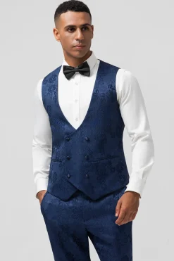 Azul escuro 3 peças pico lapela jacquard um botão homens ternos de baile