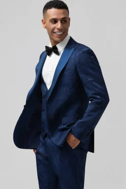 Azul escuro 3 peças pico lapela jacquard um botão homens ternos de baile