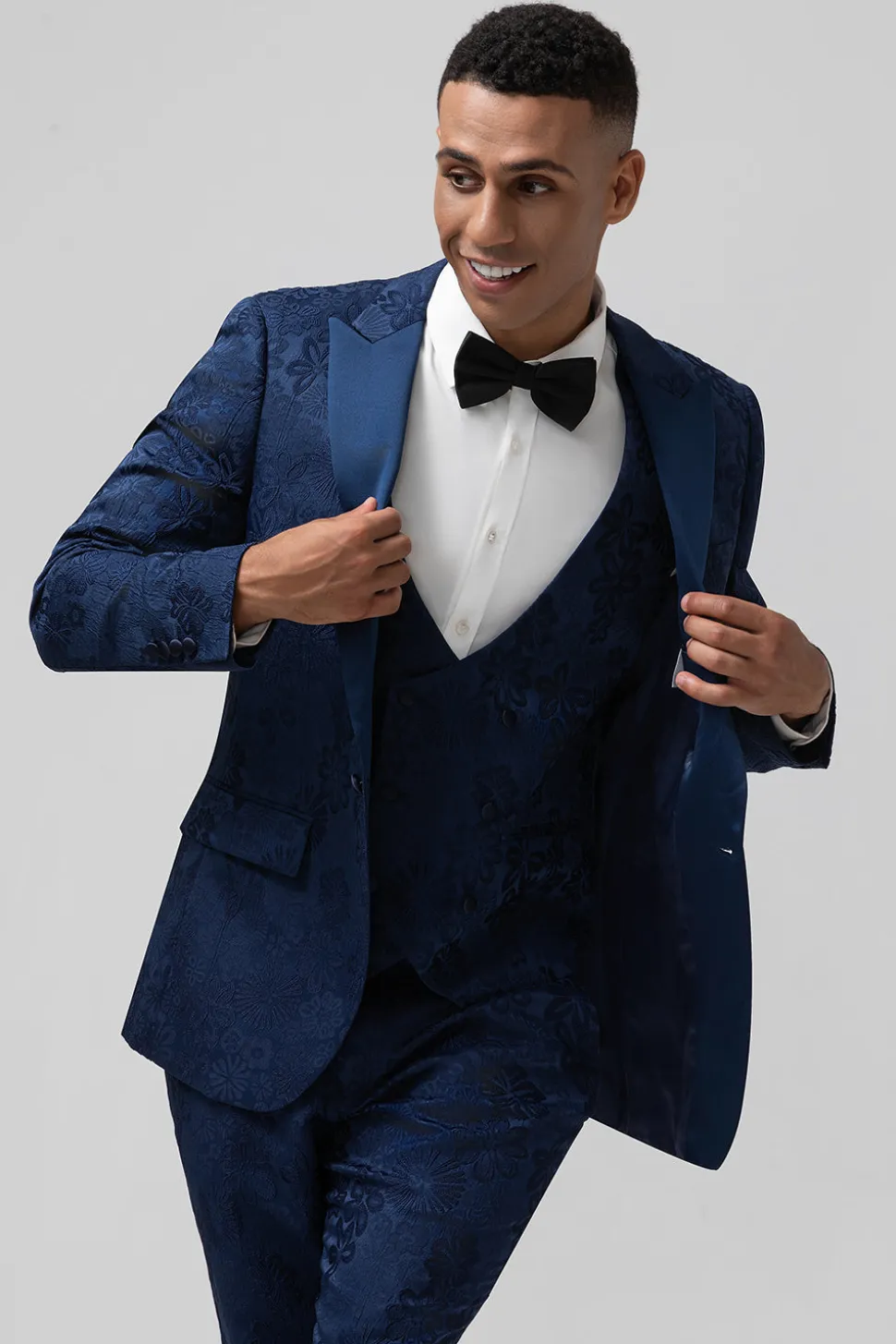 Azul escuro 3 peças pico lapela jacquard um botão homens ternos de baile
