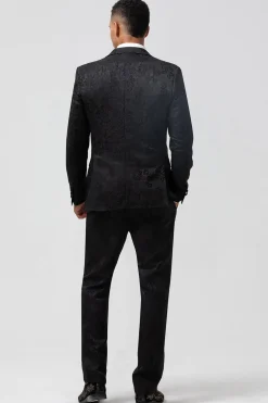 Azul escuro 3 peças pico lapela jacquard um botão homens ternos de baile