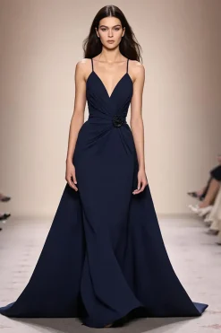 Azul escuro A-Line Ruched Spaghetti Straps Vestido de noite longo