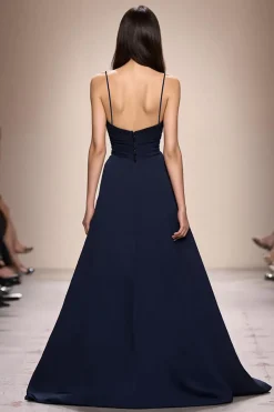 Azul escuro A-Line Ruched Spaghetti Straps Vestido de noite longo