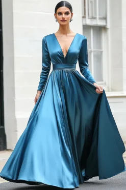 Azul escuro A-Line V pescoço mangas longas vestido de baile longo