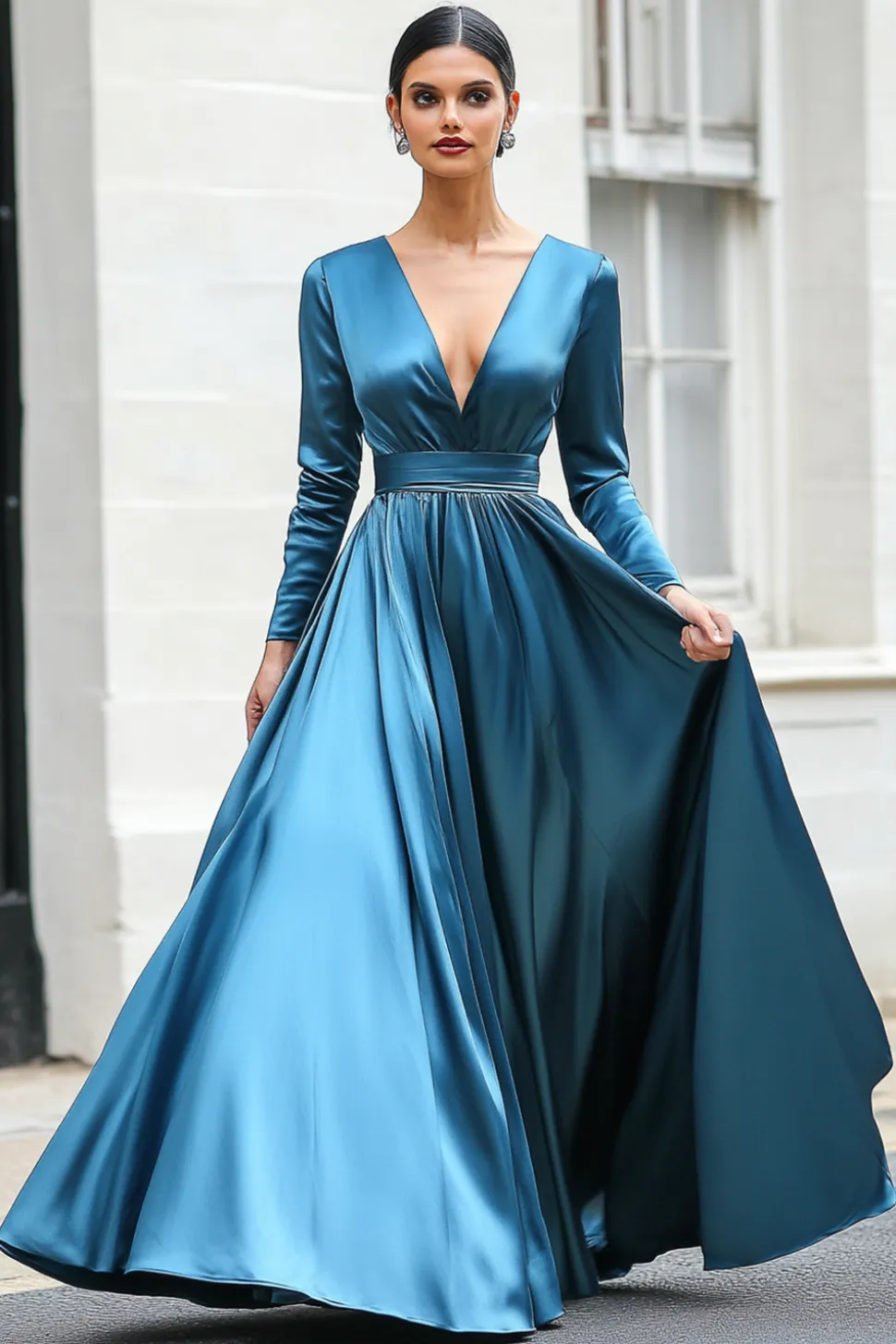 Azul escuro A-Line V pescoço mangas longas vestido de baile longo