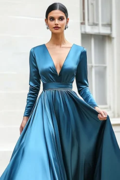 Azul escuro A-Line V pescoço mangas longas vestido de baile longo