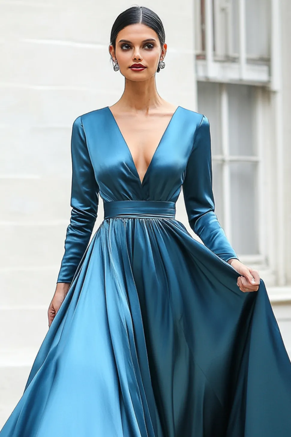 Azul escuro A-Line V pescoço mangas longas vestido de baile longo
