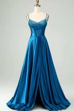 Azul escuro brilhante uma linha Corset frisado vestido longo baile de formatura com fenda