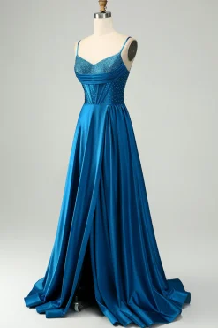 Azul escuro brilhante uma linha Corset frisado vestido longo baile de formatura com fenda