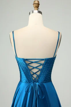 Azul escuro brilhante uma linha Corset frisado vestido longo baile de formatura com fenda