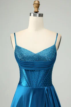 Azul escuro brilhante uma linha Corset frisado vestido longo baile de formatura com fenda