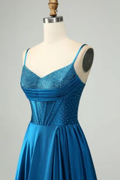 Azul escuro brilhante uma linha Corset frisado vestido longo baile de formatura com fenda