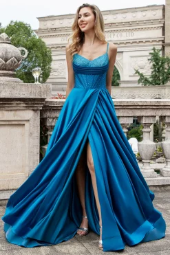 Azul escuro brilhante uma linha plissado espartilho frisado longo vestido de baile com fenda