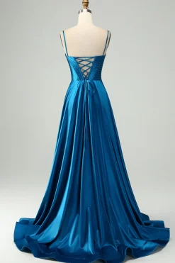 Azul escuro brilhante uma linha plissado espartilho frisado longo vestido de baile com fenda