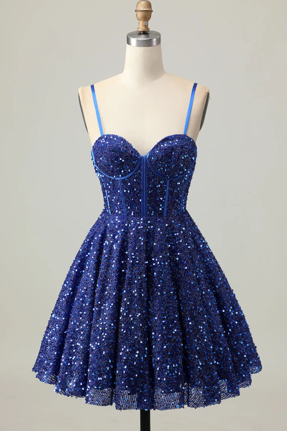 Azul Escuro Brilhante Uma Linha Corset Sequins Homecoming Dress