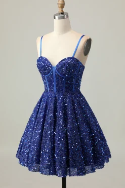 Azul Escuro Brilhante Uma Linha Corset Sequins Homecoming Dress