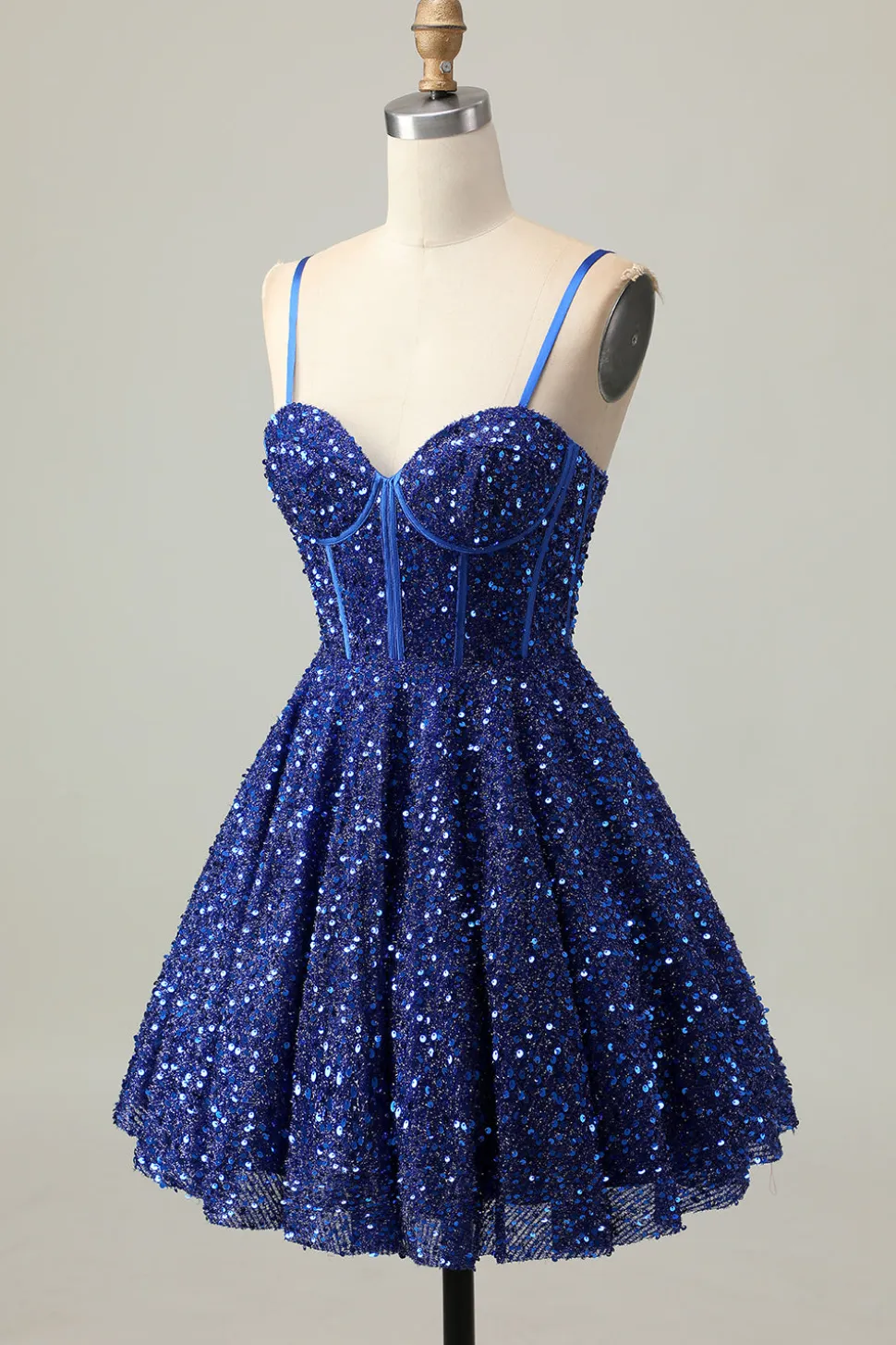 Azul Escuro Brilhante Uma Linha Corset Sequins Homecoming Dress