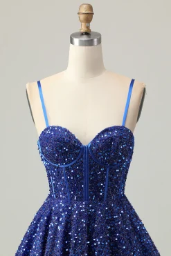 Azul Escuro Brilhante Uma Linha Corset Sequins Homecoming Dress