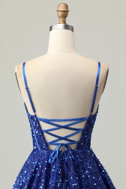Azul Escuro Brilhante Uma Linha Corset Sequins Homecoming Dress