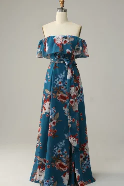 Azul escuro Floral Boho Chiffon Vestido Longo Madrinha