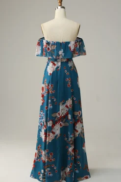 Azul escuro Floral Boho Chiffon Vestido Longo Madrinha