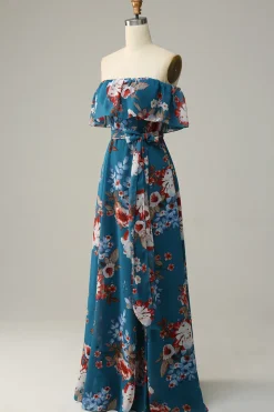 Azul escuro Floral Boho Chiffon Vestido Longo Madrinha