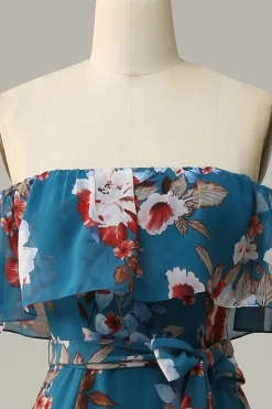Azul escuro Floral Boho Chiffon Vestido Longo Madrinha