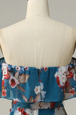 Azul escuro Floral Boho Chiffon Vestido Longo Madrinha