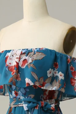 Azul escuro Floral Boho Chiffon Vestido Longo Madrinha