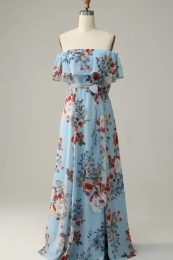 Azul escuro Floral Boho Chiffon Vestido Longo Madrinha