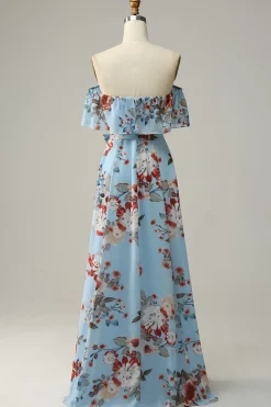 Azul escuro Floral Boho Chiffon Vestido Longo Madrinha