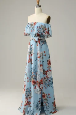 Azul escuro Floral Boho Chiffon Vestido Longo Madrinha