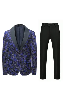 Azul escuro floral estampado xaile lapela 2 peças homens ternos