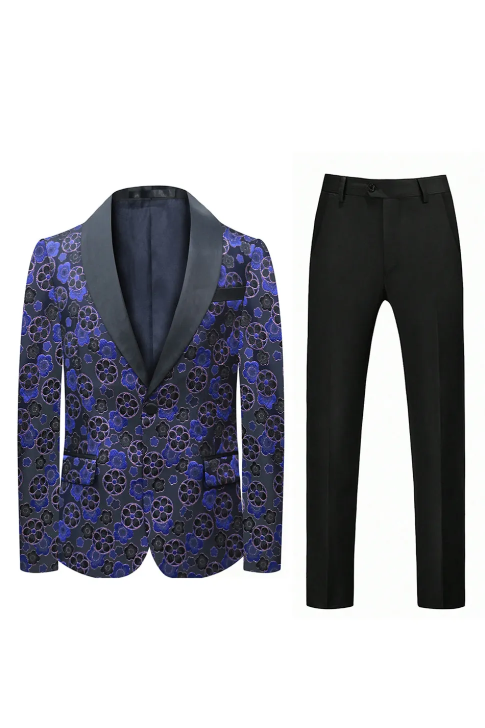 Azul escuro floral estampado xaile lapela 2 peças homens ternos