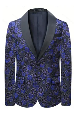 Azul escuro floral estampado xaile lapela 2 peças homens ternos