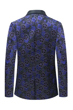 Azul escuro floral estampado xaile lapela 2 peças homens ternos