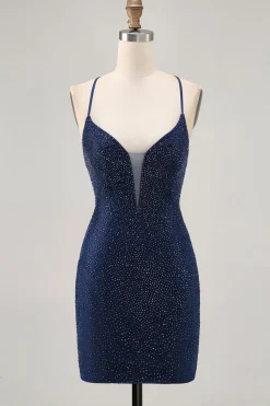 Azul escuro frisado espaguete alças bodycon homecoming vestido