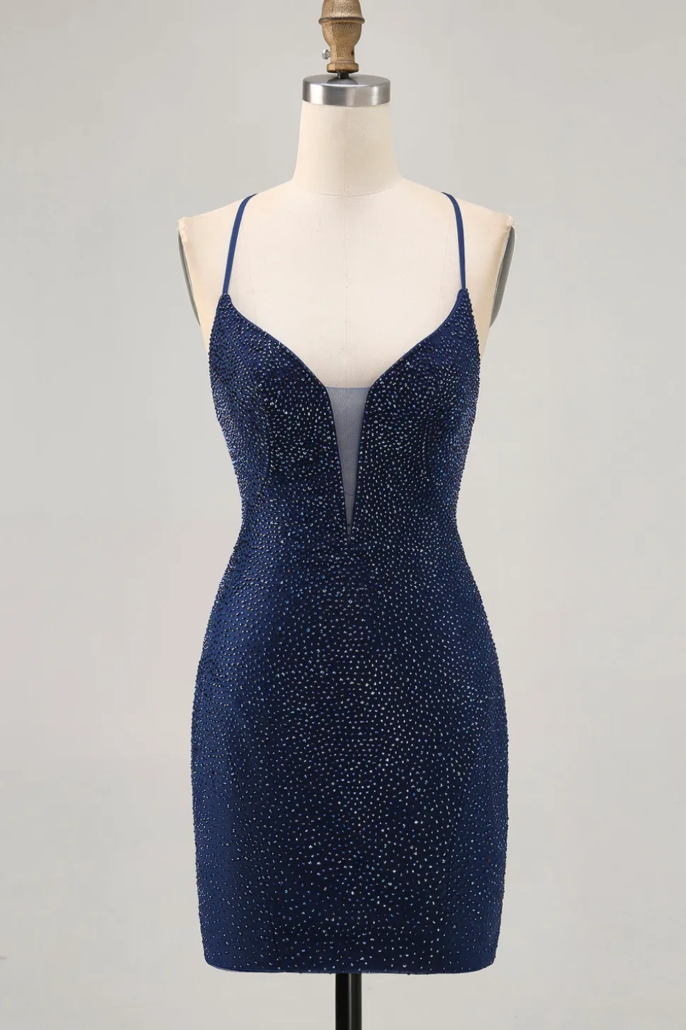 Azul escuro frisado espaguete alças bodycon homecoming vestido